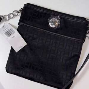 TOMMY HILFIGER Crossbody Black Silver Hardware Pockets TH Monogram MSRP $78.00